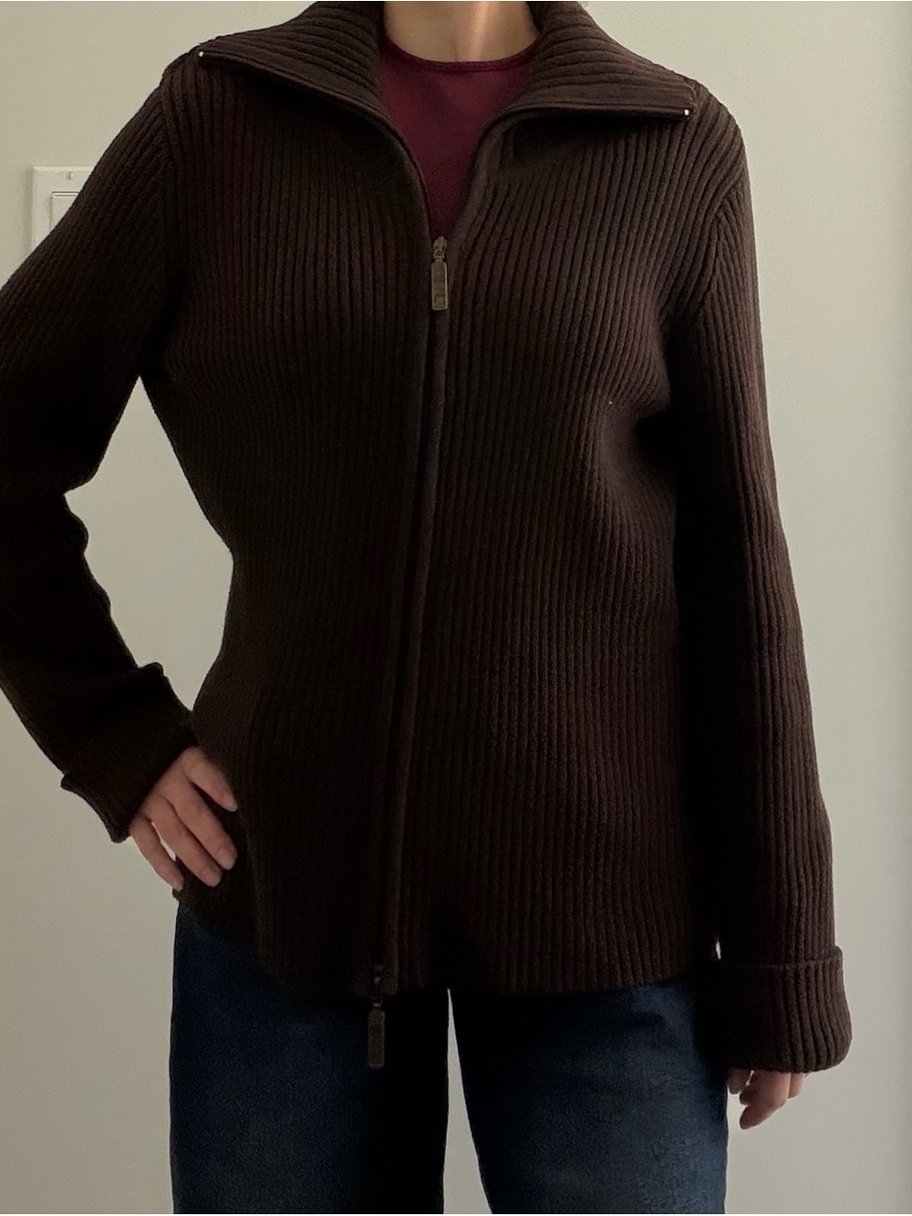Zip-Front Ribbed Knit Sweater- Dark Brown